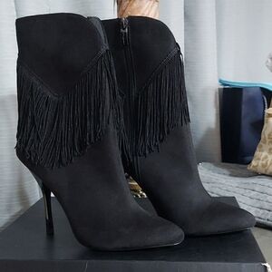 Nina Black Fringe Heeled Boots Size 9